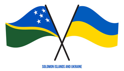 Solomon Islands and Ukraine Flags Crossed And Waving Flat Style. Official Proportion. Correct Colors