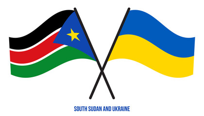South Sudan and Ukraine Flags Crossed And Waving Flat Style. Official Proportion. Correct Colors.
