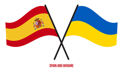 Spain and Ukraine Flags Crossed And Waving Flat Style. Official Proportion. Correct Colors.