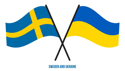 Sweden and Ukraine Flags Crossed And Waving Flat Style. Official Proportion. Correct Colors.