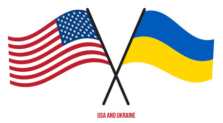 USA and Ukraine Flags Crossed And Waving Flat Style. Official Proportion. Correct Colors.