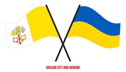 Vatican City and Ukraine Flags Crossed And Waving Flat Style. Official Proportion. Correct Colors.