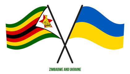 Zimbabwe and Ukraine Flags Crossed And Waving Flat Style. Official Proportion. Correct Colors.