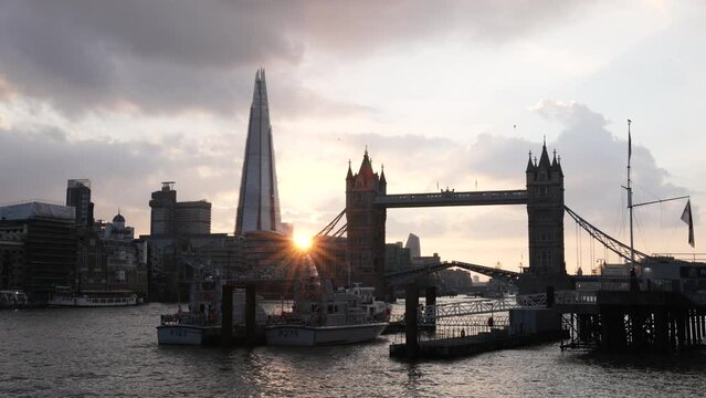 Timelapse of Tower Bridge and Shard in London at Sunset