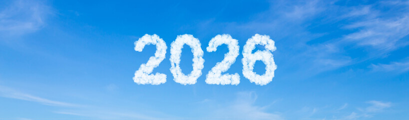 Year 2026 word made of clouds on blue sky background