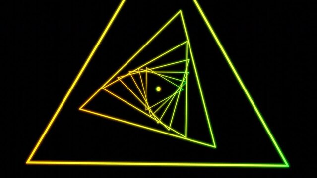 Green neon triangles.Design. Bright geometric shapes move forward creating a tunnel and moving deeper into it