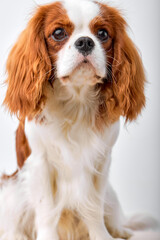 adorable dog Cavalier King Charles Spaniel looking at side, sad unhappy puppy posing in studio with copy space and place for text on white background. Lovely pet, small doggy.
