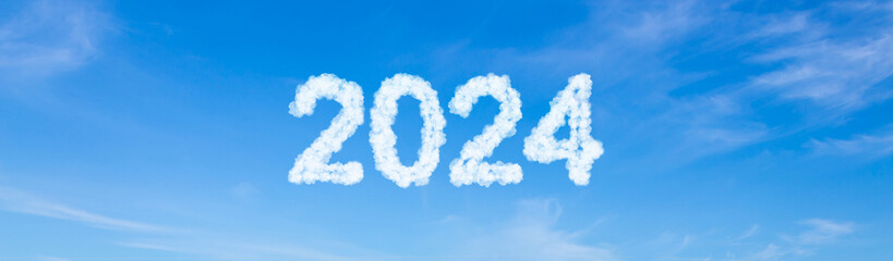 Year 2024 word made of clouds on blue sky background