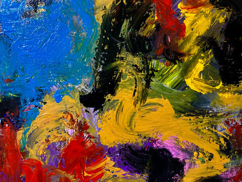 acrylic painting, abstract painting with striking yellow and red, blue and green