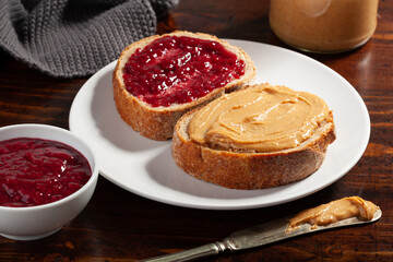 smooth peanut butter and jam bread toast, american traditional sandwich