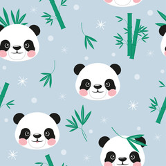 Cute panda and bamboo seamless pattern with snowflakes, vector illustration. Winter background.
