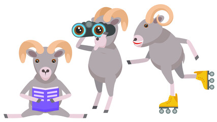 Set Abstract Collection Flat Cartoon Different Animal Arhali Reading Book, Roller Skating, Looking Through Binoculars Vector Design Style Elements Fauna Wildlife
