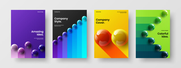 Vivid 3D spheres company brochure layout collection. Original annual report design vector template composition.