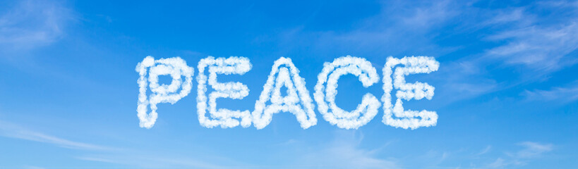 Peace text made of clouds on blue sky background