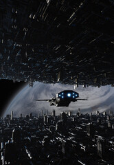Spaceship Leaving an Industrial Space Station above a Blue Planet, 3d digitally rendered science fiction illustration