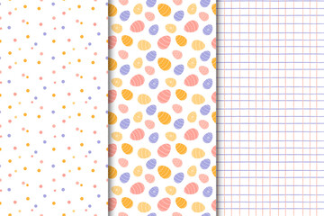 Set of Easter patterns. Easter eggs with different patterns, checkered background, polka dot background.