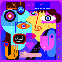 Modern colorful abstract art portrait of different faces people vector illustration.
