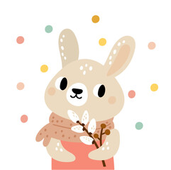 Cute bunny with flower branch. Spring greeting card