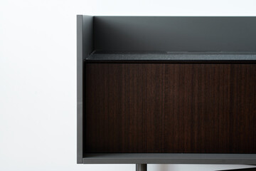 part of a designer chest of drawers on a white wall background