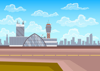 Airport terminal building, control tower, runway and city landscape on background. Infrastructure for travel and tourism concept, passenger air transportation