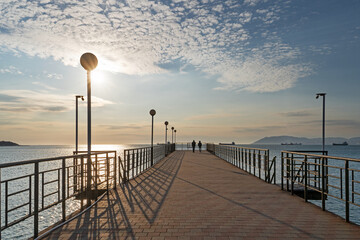 Sunset on the sea, a variety of colors and shades of the rising sun. Seascape.