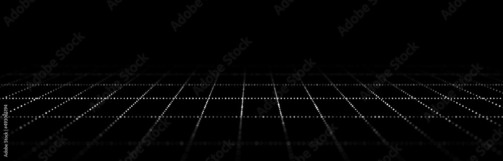 Poster dynamic flow of digital particles. perspective grid of interlaced dots. network connection structure