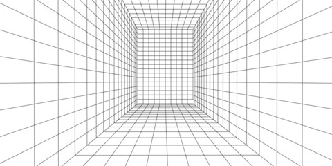 3D wireframe room white on blue background. Abstract perspective grid. Vector illustration.