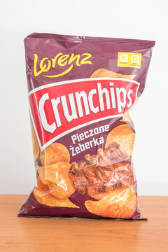 Pruszcz Gdanski, Poland - March 13, 2022: Lorenz Crunchips baked ribs flavored chips.