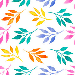Watercolor leaves, seamless pattern. Colourful abstract  floral print. 