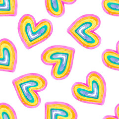 Watercolor hearts, seamless pattern. Colourful abstract print. Peace and love.