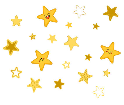 Flat vector illustration colorful wall stickers set ready to print: yellow cartooned stars