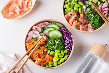 Vegan Poke bowl with Plant based seafood, salmon, tuna