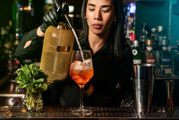 Latin brunette waitress prepares a cocktail at the bar. profession