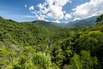 Beautiful view to green atlantic rainforest valley in Itatiaia Park - obrazy, fototapety, plakaty
