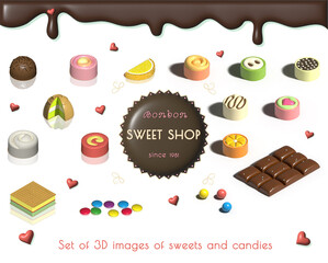 Set of 3D images of sweets and candies