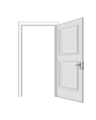 Opened white entrance. Realistic door with frame isolated on white background. Clean design white door template. Decorative house element