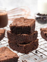 chocolate brownies on white wooden background, homemade bakery and dessert