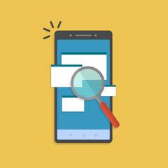 Online analysing check of law legal docs, find or search on cellphone. Scan or inspection of file folder documents on mobile phone.