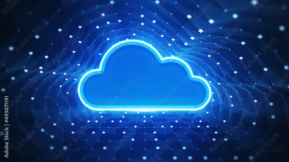 Wall mural storage technology concepts transfer data to cloud computing platforms. a large cloud icon stands ou