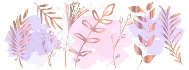 Fototapeta na wymiar Vector plants and grasses in gold style with shiny effects and colorful watercolor splashes. Minimalist style. Hand drawn plants. With leaves and organic shapes. For your own design.