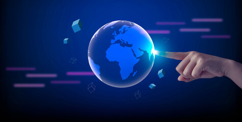 Global business network, World Technology, Metaverse, Blockchain, Network and Data Exchange concept. Hands touch blue earth and global communication.