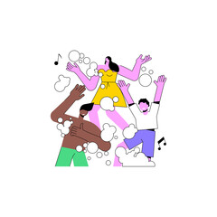 Foam party abstract concept vector illustration. Dancing in bubles and suds, foam party entertainment, wet t-shirts, swimming suits, dance floor, festival in aquapark, open air abstract metaphor.