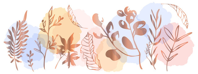 Vector plants and grasses in gold style with shiny effects and colorful watercolor splashes. Minimalist style. Hand drawn plants. With leaves and organic shapes. For your own design.