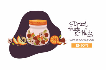 Healthy food landing design template. Vector illustration, hand drawn nuts and dried fruits