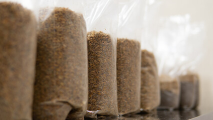 rye grains in polypropylene bags before sterilization. Grain sterilization against harmful bacteria and fungal spores