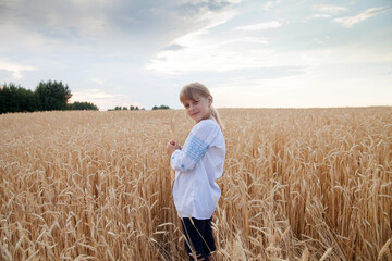 Naklejka na ściany i meble Little girl in embroidered shirt on wheat field