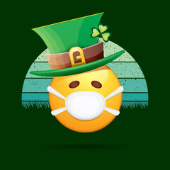 Vector Emoji sticker with mouth medical protection mask and saint Patricks green hat isolated on vintage background. Yellow st. Patrick s smile face character with hat and white surgeon mask.