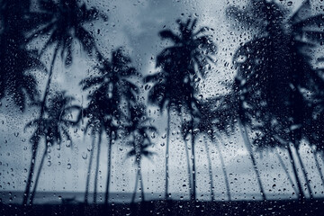 Rain water drops on glass window overlooking stormy tropical ocean beach with coconut palm trees,...