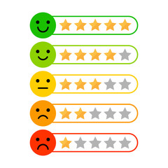 Customer satisfaction level with rating stars icon. feedback emotion scale customer symbol. vector illustration in flat style modern design. isolated on white background.