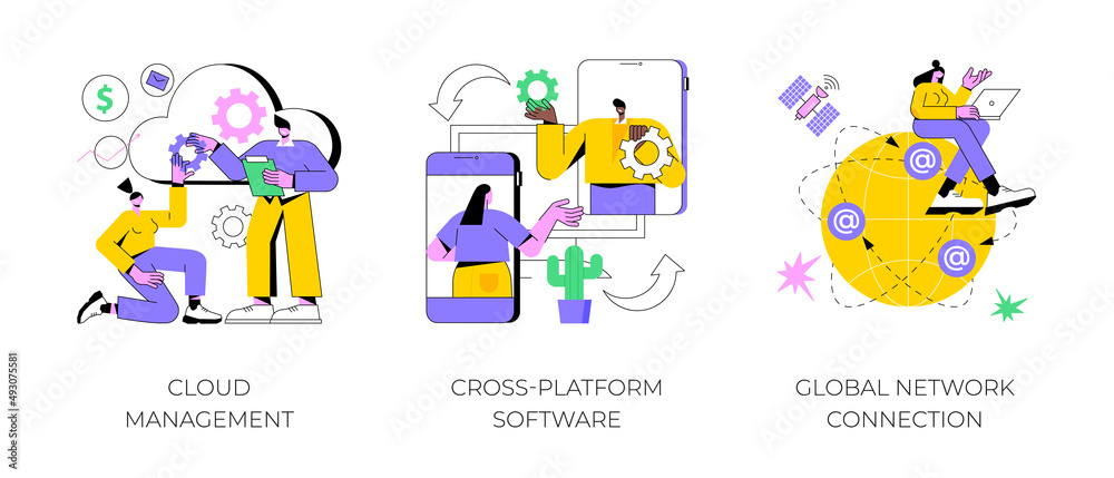 Poster global communication abstract concept vector illustration set. cloud management, cross-platform soft